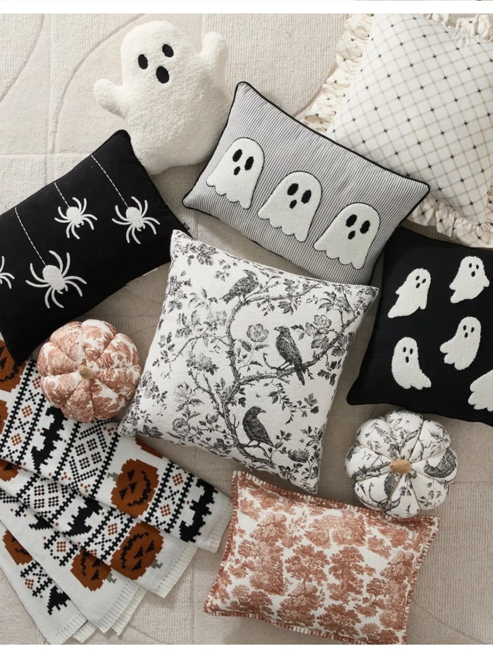 My Texas House Halloween Raven Toile Decorative Pillow, Ivory and Black, 20